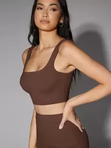 Silquee Áo hai dây Lộ Lưng màu trơn Thể thao - Màu nâu Sô-cô-la - Xem 4