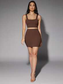 Silquee Áo hai dây Lộ Lưng màu trơn Thể thao - Màu nâu Sô-cô-la - Xem 5