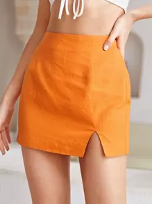 SHEIN Privé High Waist Split Hem Skirt - Orange - View 1