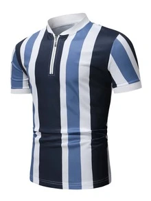 Manfinity 男士條紋圖案拉鍊POLO衫 - 藍白色 - 查看 5