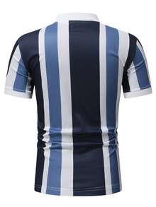 Manfinity 男士條紋圖案拉鍊POLO衫 - 藍白色 - 查看 2