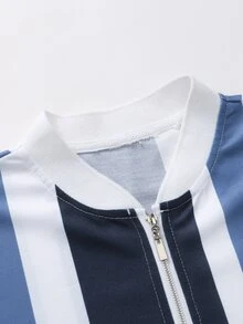 Manfinity 男士條紋圖案拉鍊POLO衫 - 藍白色 - 查看 4