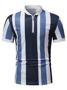 Manfinity 男士條紋圖案拉鍊POLO衫 - 藍白色 - 查看 3