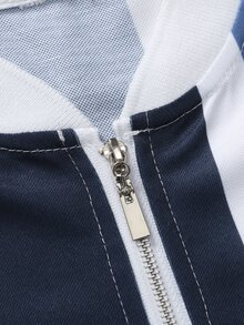 Manfinity 男士條紋圖案拉鍊POLO衫 - 藍白色 - 查看 7