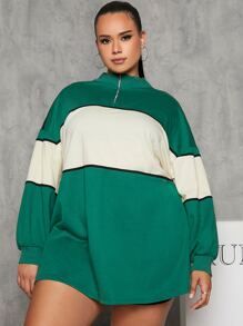 SHEIN Plus Color Block Drop Shoulder Quarter Zip Pullover - Multicolor - View 1