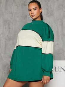 SHEIN Plus Color Block Drop Shoulder Quarter Zip Pullover - Multicolor - View 4