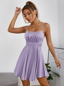 SHEIN PETITE Ruched Bust Flare Hem Cami Dress - Lilac Purple - View 4