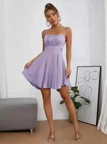 SHEIN PETITE Ruched Bust Flare Hem Cami Dress - Lilac Purple - View 5