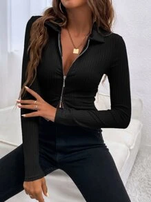 SHEIN Essnce Rib-knit Zip Up Tee