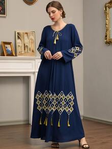 Al Najma 幾何刺繡流蘇直筒連衣裙 - 藏蓝色 - 查看 6