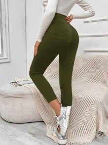 Muchica Quần nữ Nút Túi màu trơn Giải trí - xanh quân đội - Xem 1