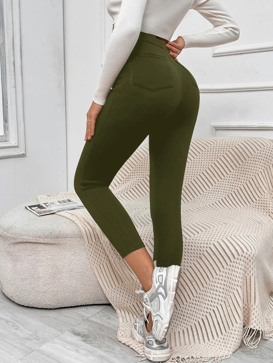 Muchica Quần nữ Nút Túi màu trơn Giải trí - xanh quân đội - Xem 1