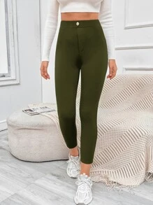 Muchica Quần nữ Nút Túi màu trơn Giải trí - xanh quân đội - Xem 2