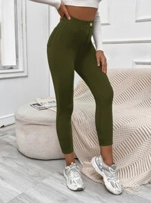 Muchica Quần nữ Nút Túi màu trơn Giải trí - xanh quân đội - Xem 3