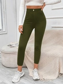 Muchica Quần nữ Nút Túi màu trơn Giải trí - xanh quân đội - Xem 4