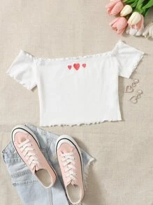 Áo thun nữ Nghề thêu Xù nhỏ Gân đan Tim Giải trí - trắng - Xem 1