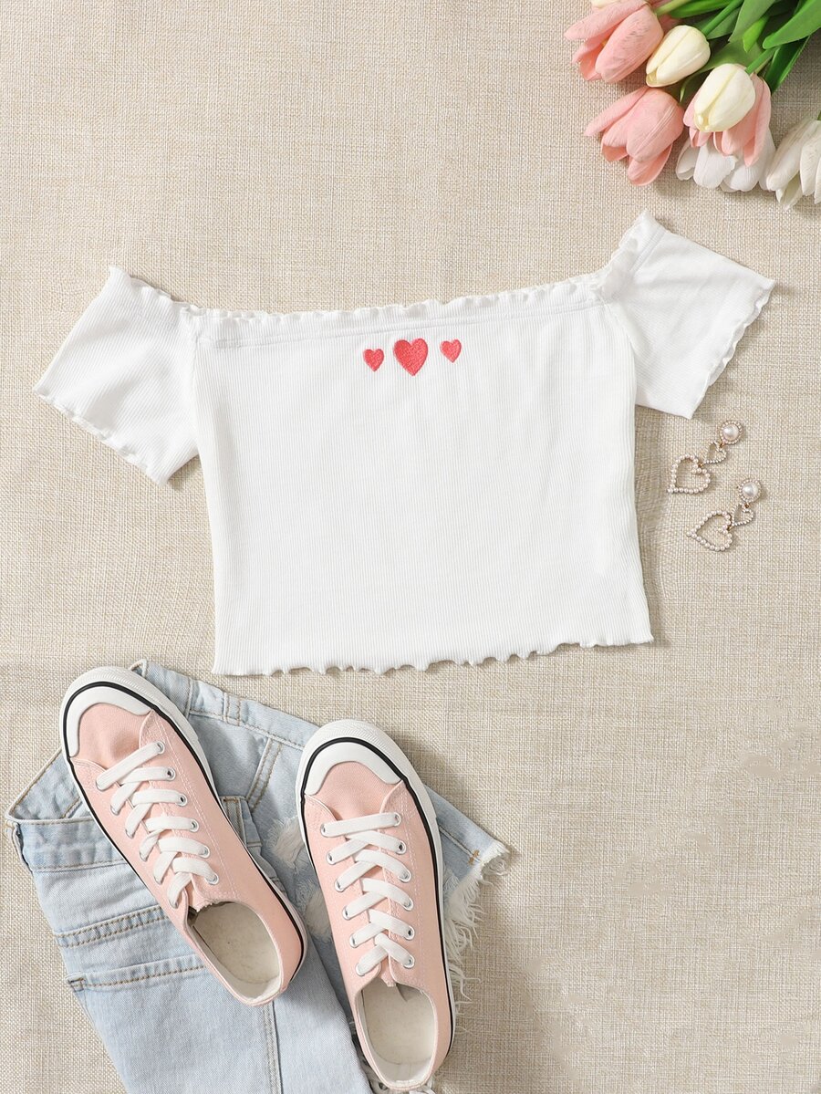 Áo thun nữ Nghề thêu Xù nhỏ Gân đan Tim Giải trí - trắng - Xem 1