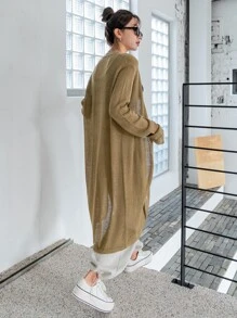 DAZY 素色落肩袖開襟衫 - 卡其色 - 查看 2