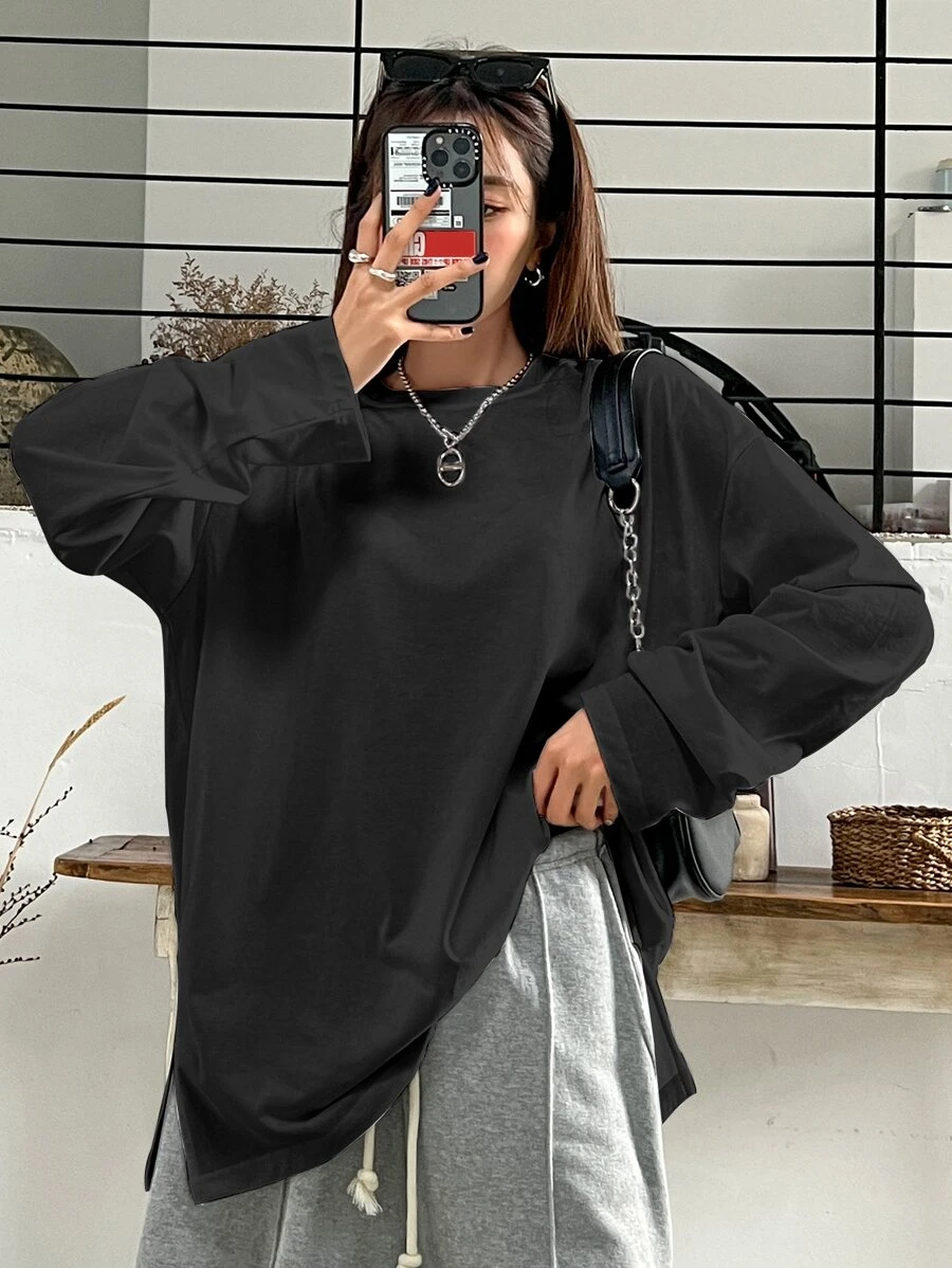 DAZY Áo thun nữ Chia màu trơn Giải trí - màu đen - Xem 1