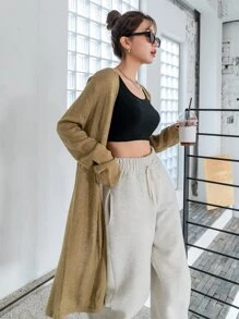 DAZY 素色落肩袖開襟衫 - 卡其色 - 查看 6