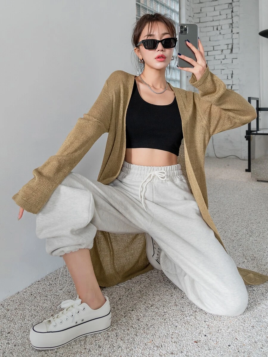 DAZY 素色落肩袖開襟衫 - 卡其色 - 查看 1