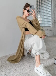 DAZY 素色落肩袖開襟衫 - 卡其色 - 查看 8
