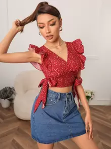 SHEIN PETITE 波點圖案荷葉邊打褶側打結短款襯衫 - 紅色 - 查看 1