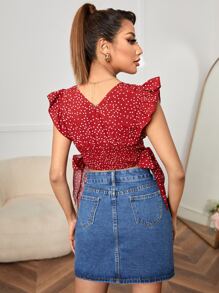 SHEIN PETITE 波點圖案荷葉邊打褶側打結短款襯衫 - 紅色 - 查看 2