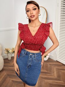 SHEIN PETITE 波點圖案荷葉邊打褶側打結短款襯衫 - 紅色 - 查看 3