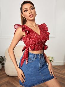 SHEIN PETITE 波點圖案荷葉邊打褶側打結短款襯衫 - 紅色 - 查看 5