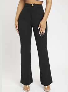 SHEIN PETITE Women Solid High Waist Flare Leg Black Pants - Black - View 1