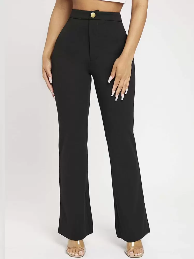 SHEIN PETITE Women Solid High Waist Flare Leg Black Pants - Black - View 1