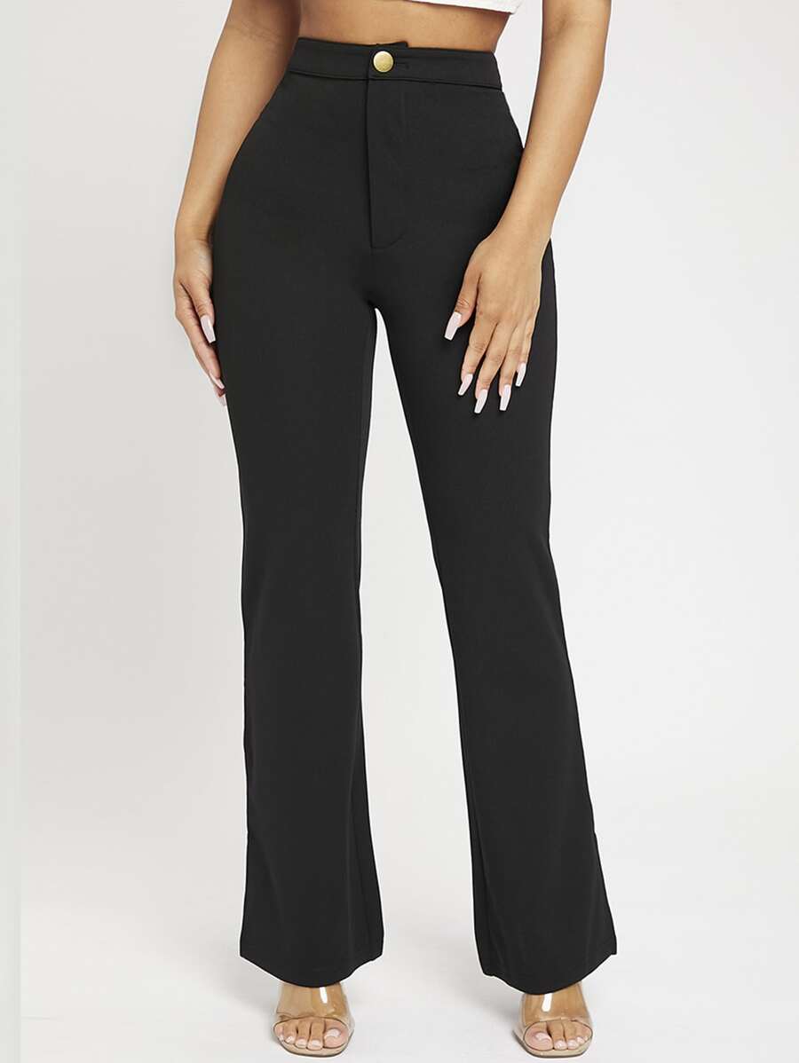 SHEIN PETITE Women Solid High Waist Flare Leg Black Pants - Black - View 1