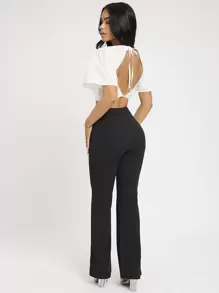 SHEIN PETITE Women Solid High Waist Flare Leg Black Pants - Black - View 2