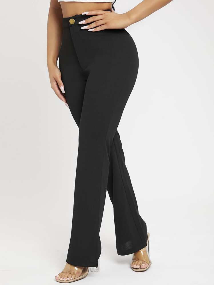 SHEIN PETITE Women Solid High Waist Flare Leg Black Pants - Black - View 3