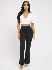 SHEIN PETITE Women Solid High Waist Flare Leg Black Pants - Black - View 4