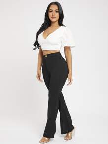SHEIN PETITE Women Solid High Waist Flare Leg Black Pants - Black - View 6