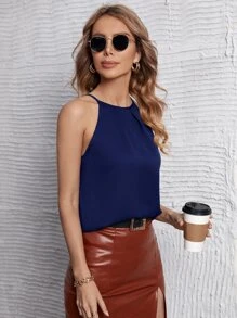 SHEIN Privé Solid Plicated Detail Cami Top - Navy Blue - View 3