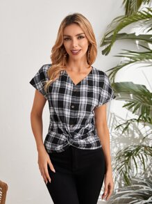 SHEIN 格紋前扭結蝙蝠袖襯衫 - 黑與白 - 查看 3