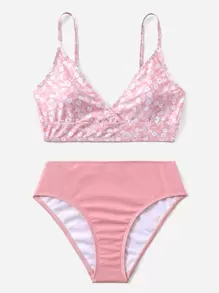 Ditsy Floral Surplice Neck Bikini - Pink - View 1