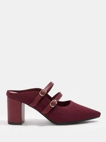 Cuccoo Buckle Decor Knit Chunky Heeled Mules - Red - View 5