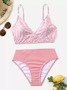 Ditsy Floral Surplice Neck Bikini - Pink - View 5