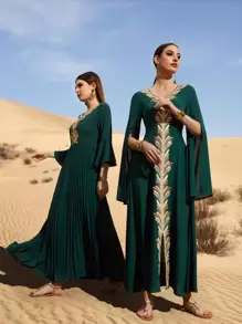 Al Najma 1pc Plant Embroidered Applique Slit Sleeve Dress - Dark Green - View 3