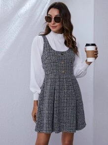 SHEIN Privé Tweed Pleated Mini Overall Dress Without Blouse