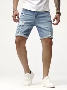 Manfinity LEGND Hombres Shorts en mezclilla algodón desgarro con lavado - Lavado ligero - Ver 1