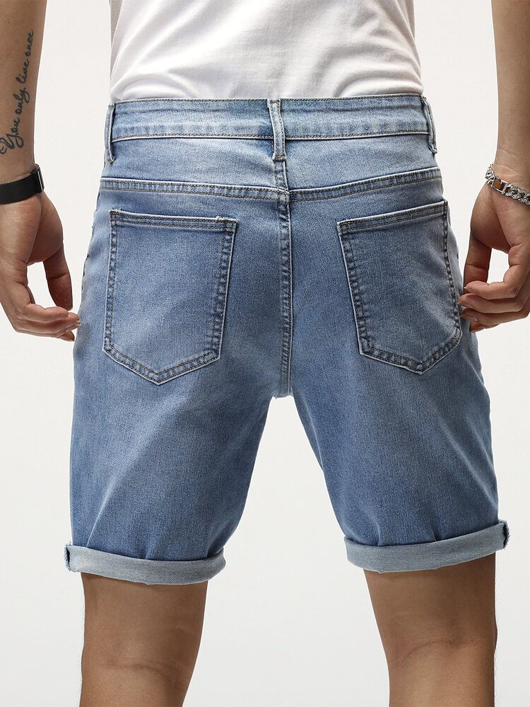 Manfinity Homme Quần Short Denim Nam Nút Túi Dây kéo Denim mùa giặt màu trơn - Rửa trung bình - Xem 3