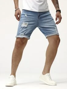 Manfinity LEGND Hombres Shorts en mezclilla algodón desgarro con lavado - Lavado ligero - Ver 4