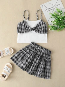 小女童格紋前蝴蝶結吊帶上衣和褶邊半身裙 - 黑與白 - 查看 1