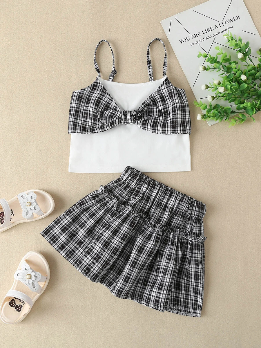 小女童格紋前蝴蝶結吊帶上衣和褶邊半身裙 - 黑與白 - 查看 1