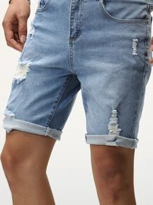 Manfinity LEGND Hombres Shorts en mezclilla algodón desgarro con lavado - Lavado ligero - Ver 5